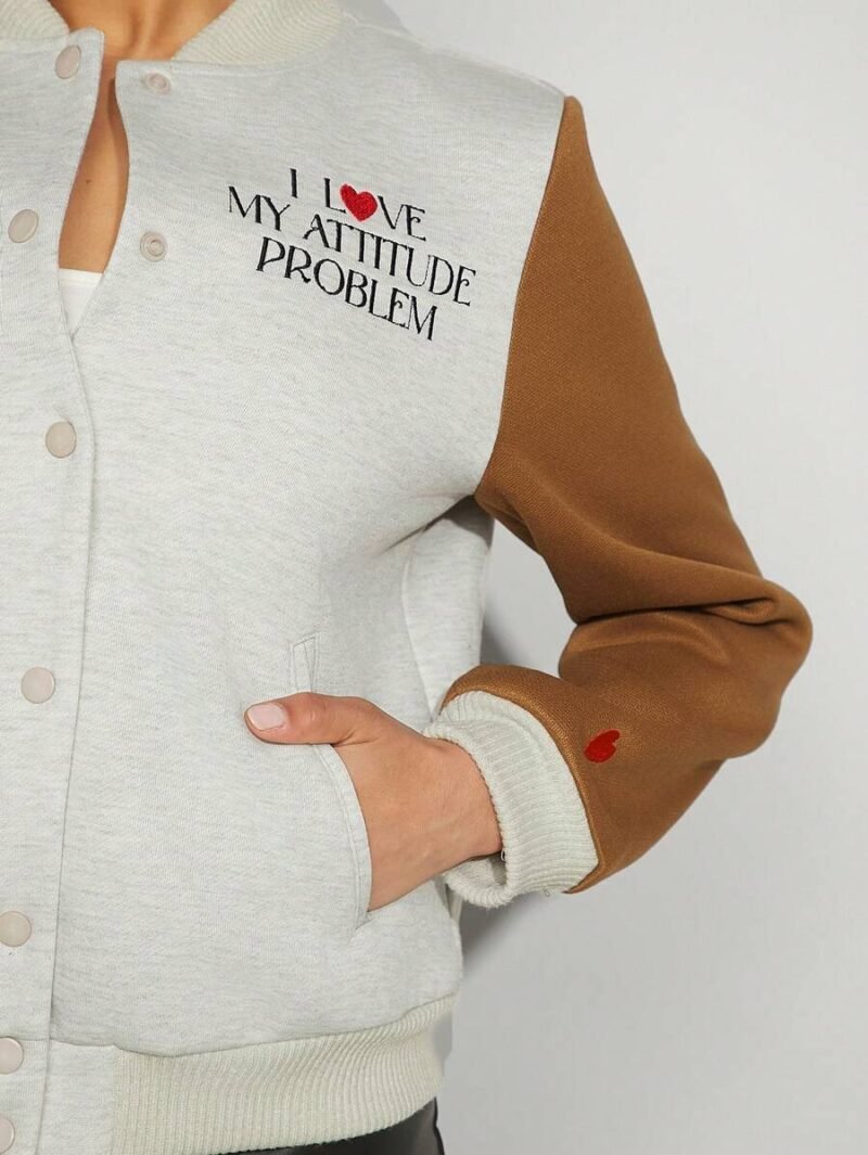 Slogan Embroidery Colorblock Jacket