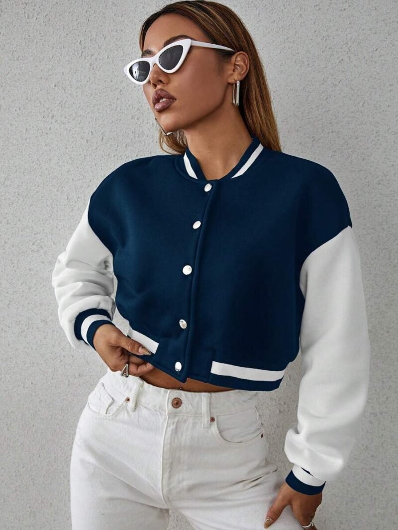 Two Tone Drop Shoulder Crop Varsity Jacket
