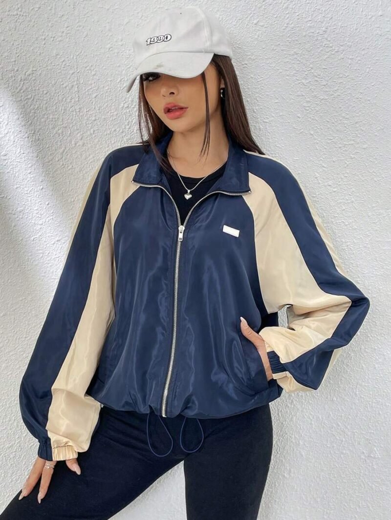 Colorblock Raglan Sleeve Drawstring Hem Zip Up Windbreaker
