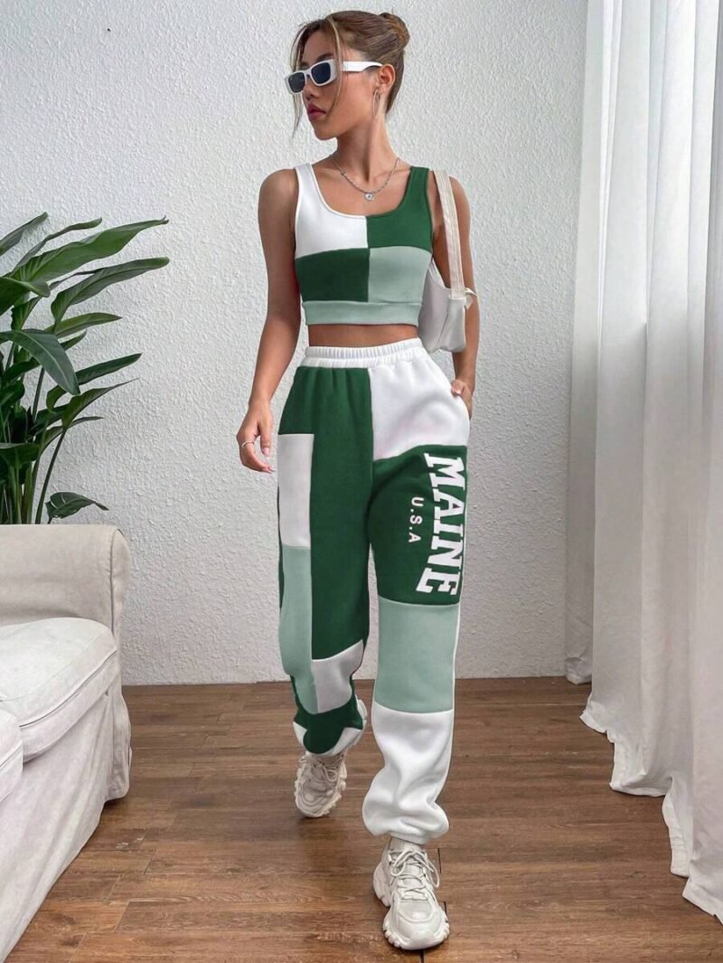 Colorblock Tank Top & Letter Graphic jogger pant