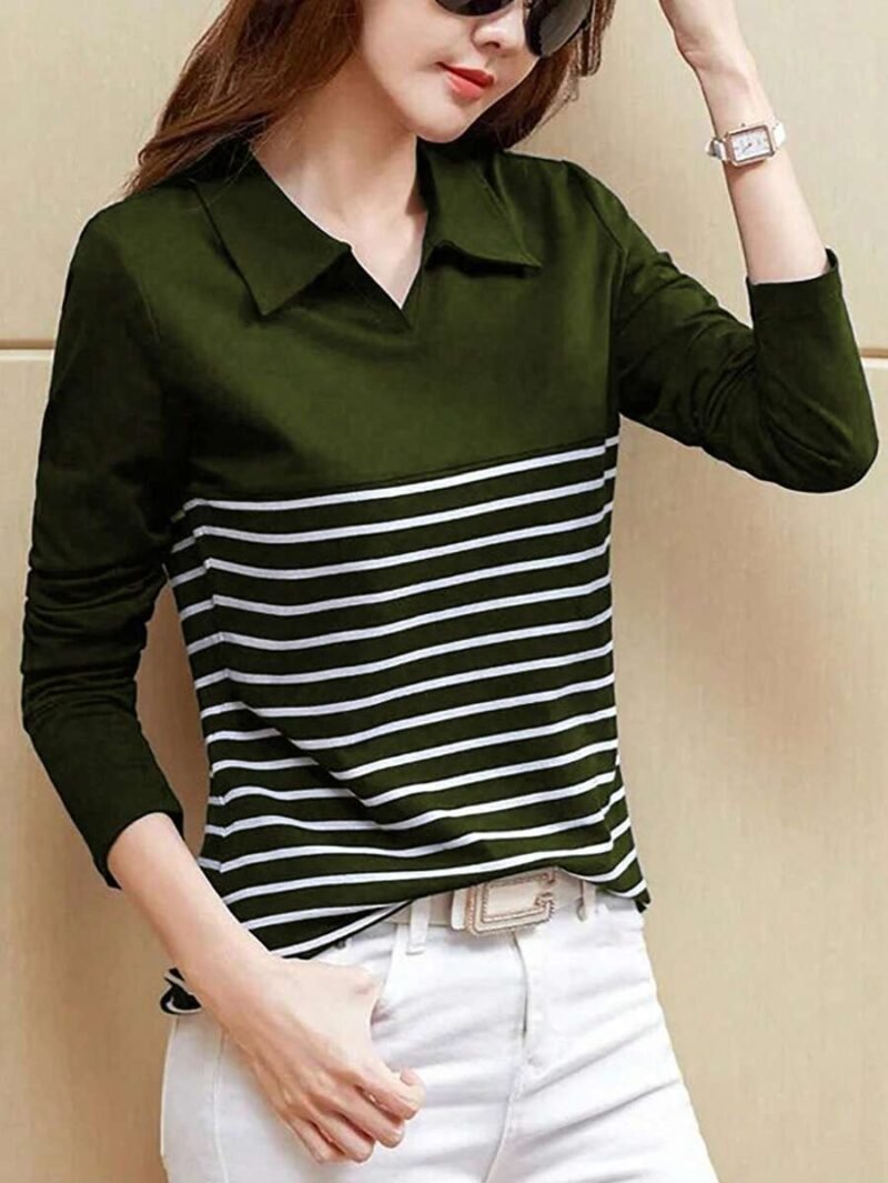 Office Lady Style Striped Long Sleeve Polo Shirt