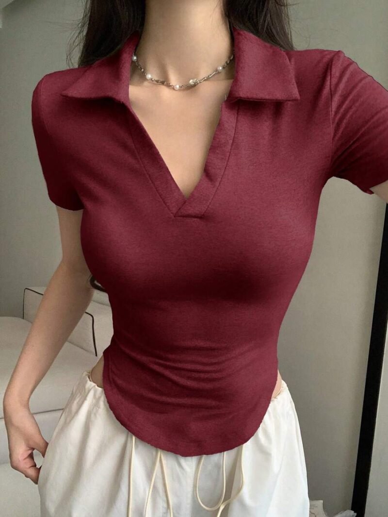 Solid V Collar Short Sleeve Curved Hem Slim Fit Tee