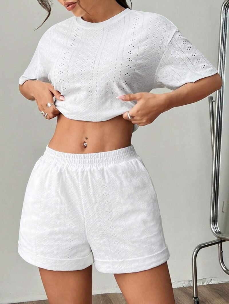 Loose Hollow Out Embroidery Round Neck Top And Shorts