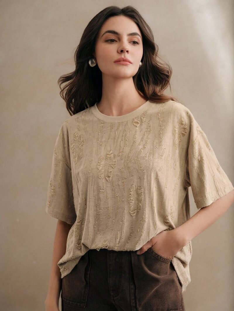 Casual Round Neck Knitted Textured Loose T Shirt