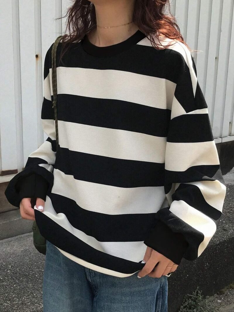 Casual Loose Drop Shoulder Long Sleeve Striped T Shirt
