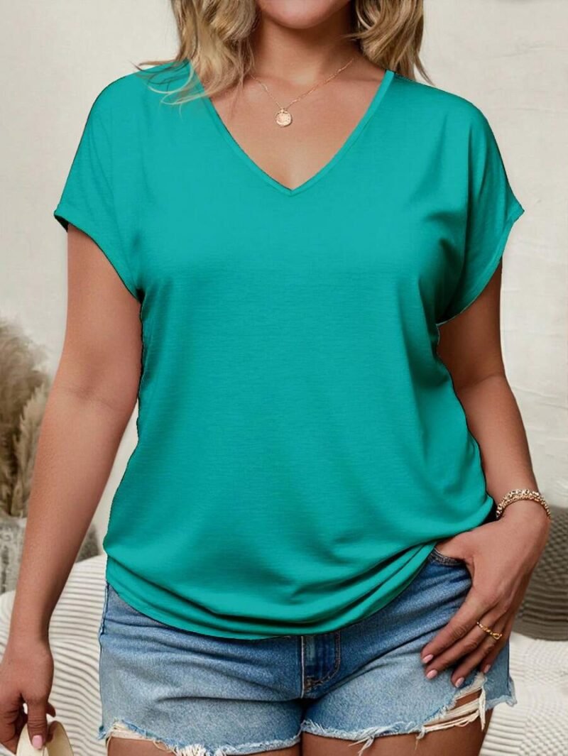 Plus Size V Neck Plain Short Sleeve