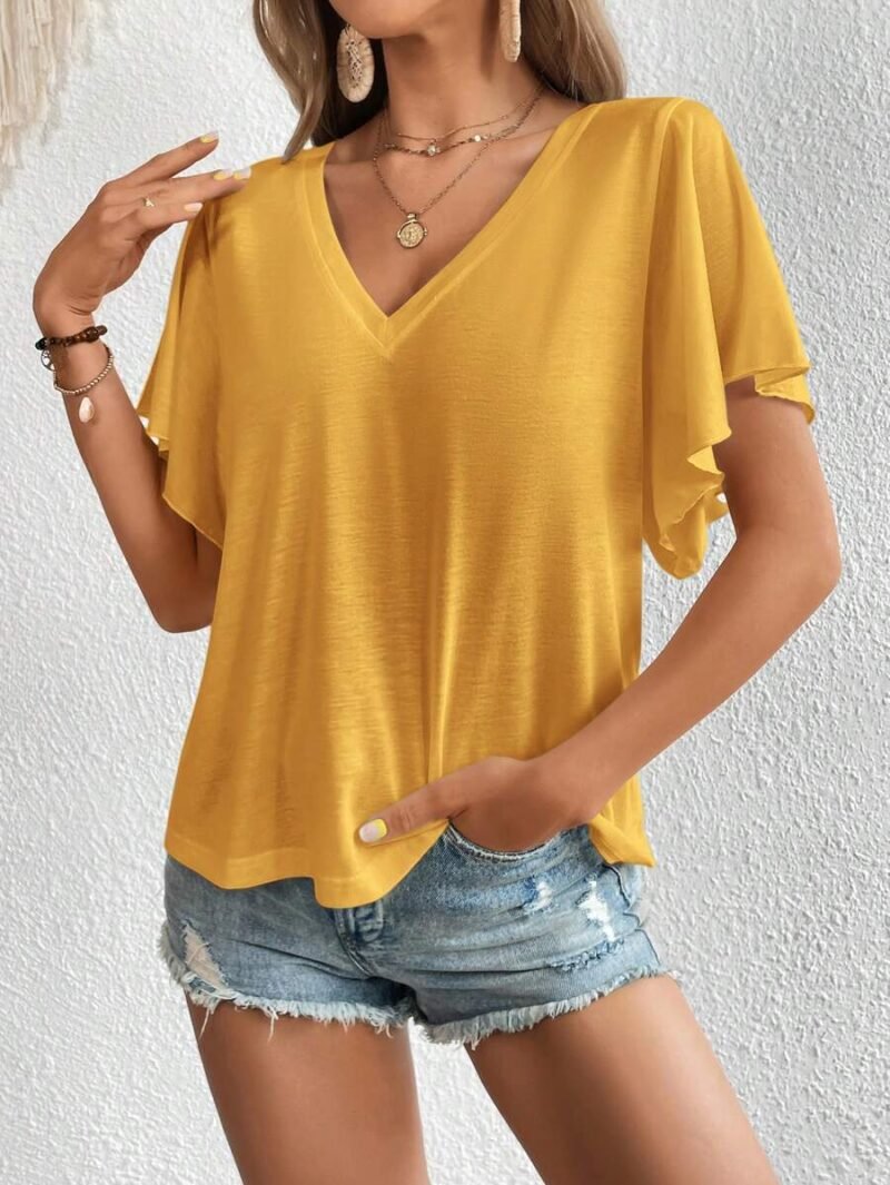 Solid V Neck Butterfly Sleeve Tee