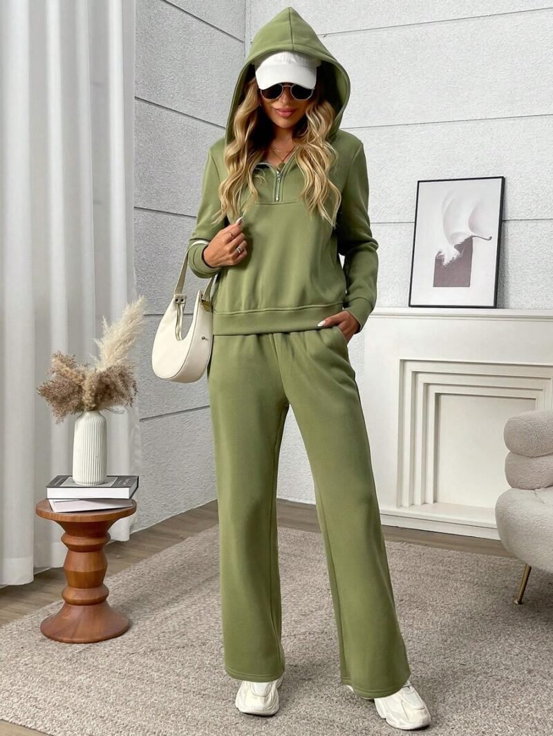 Hooded Partially Zippered Sweatshirt And Casual Pants