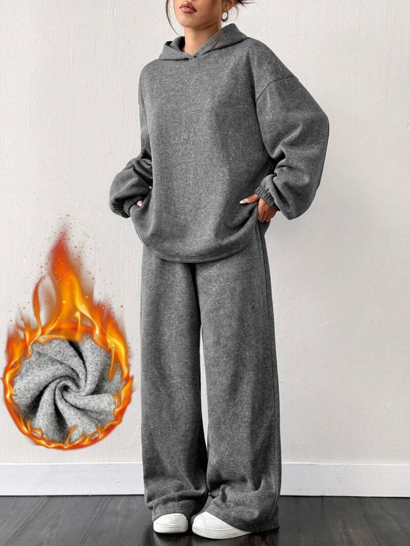Thermal Lined Hoodie And Wide Leg Sweatpants In Gray