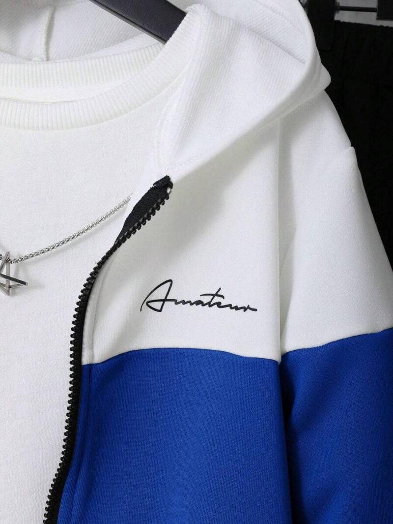 Colorblock Loose Hooded Zip Up Sweatshirt