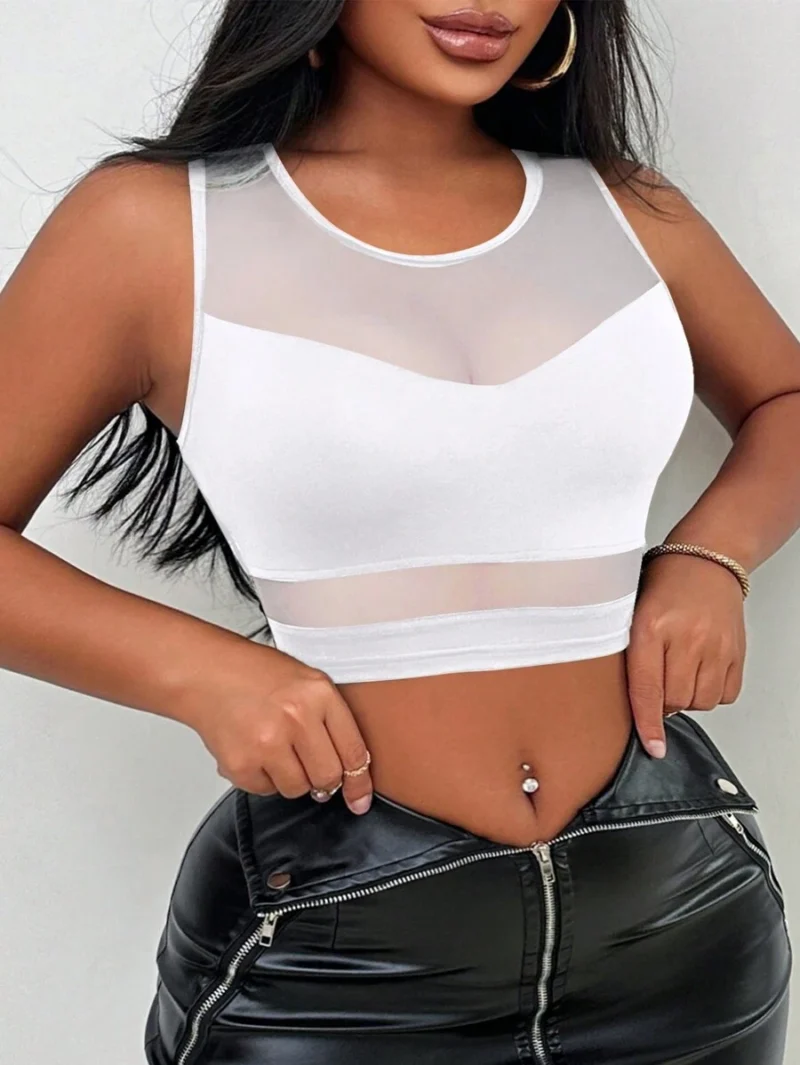 Solid Color Contrast Mesh Round Neck Crop Top