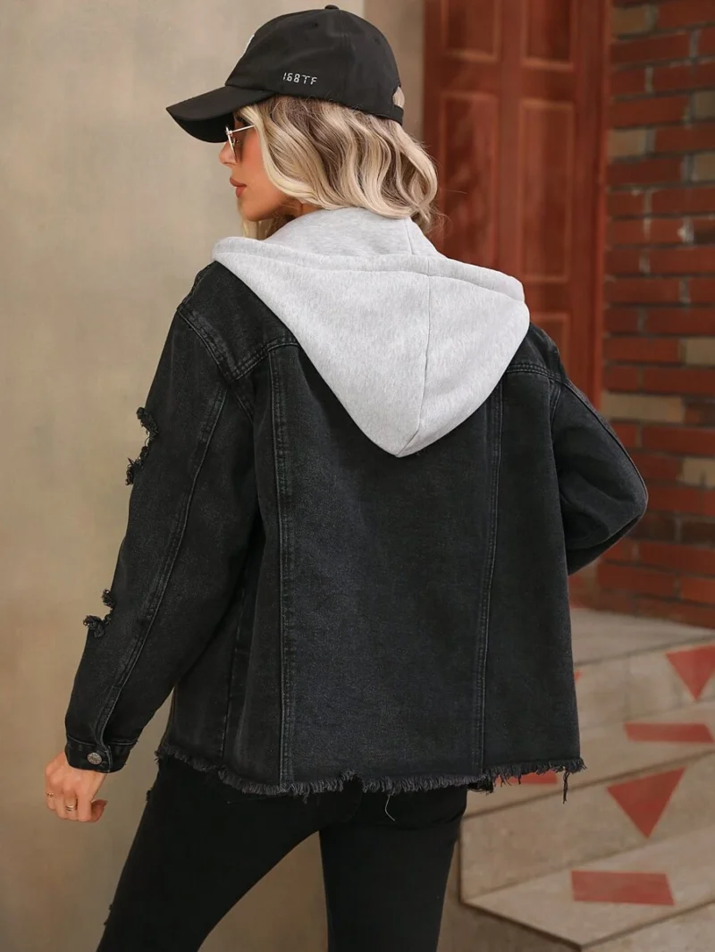 Ripped Drawstring Hooded Denim Jacket