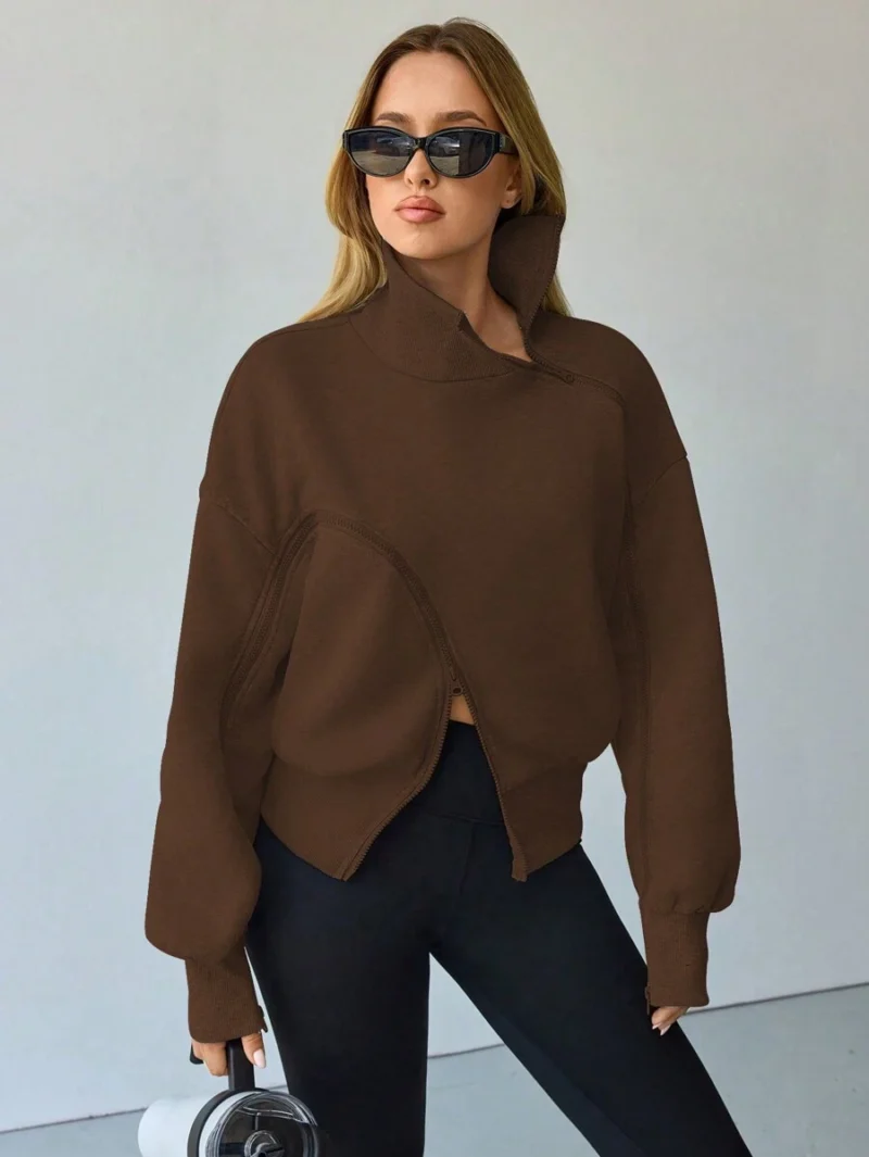 Lantern Sleeve Zip Up High Neck Fleece Hoodie Jacket