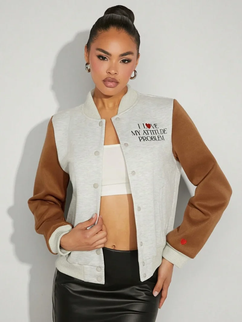 Slogan Embroidery Colorblock Jacket