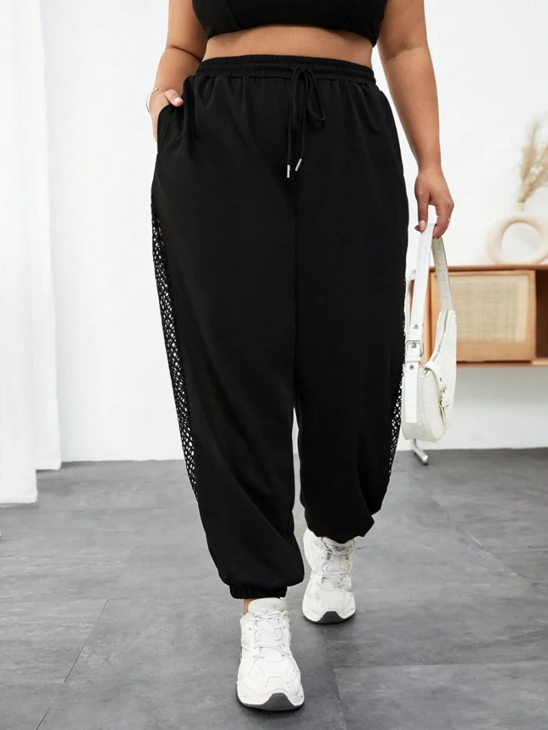 Drawstring Waist Fishnet Patchwork Baggy joggers