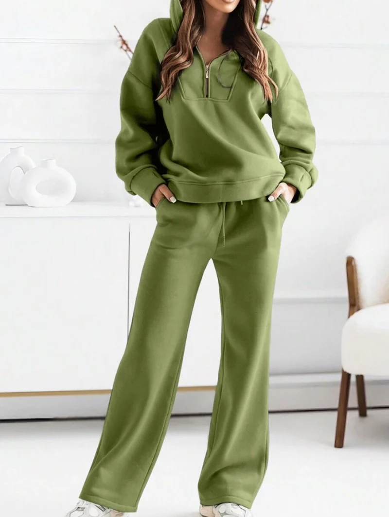 Hooded Partially Zippered Sweatshirt And Casual Pants