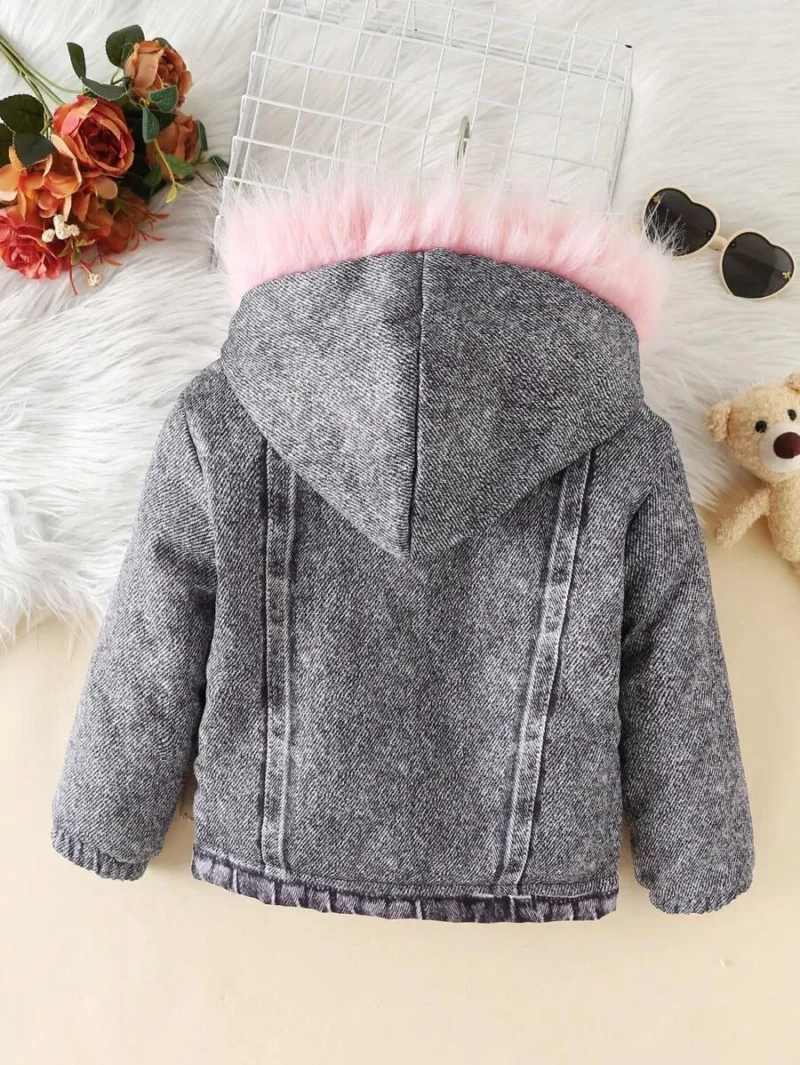 Fluffy Collar Drop Shoulder Denim Effect Thermal Lined Jacket