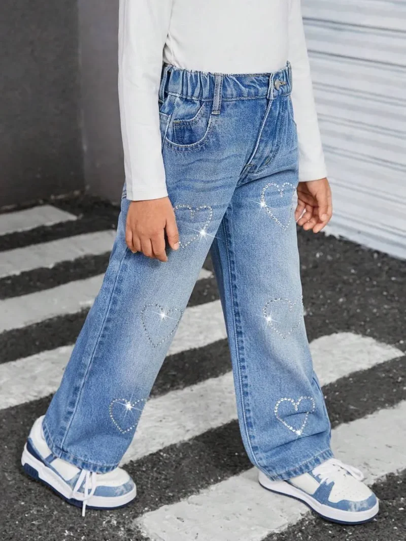 Fashion Heart Crystal Decor Wide Leg Jeans
