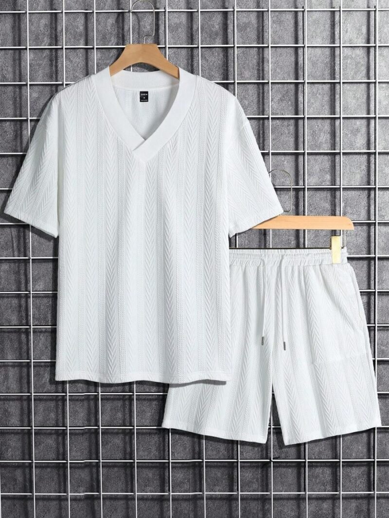 Solid V Neck Tee & Drawstring Waist Shorts