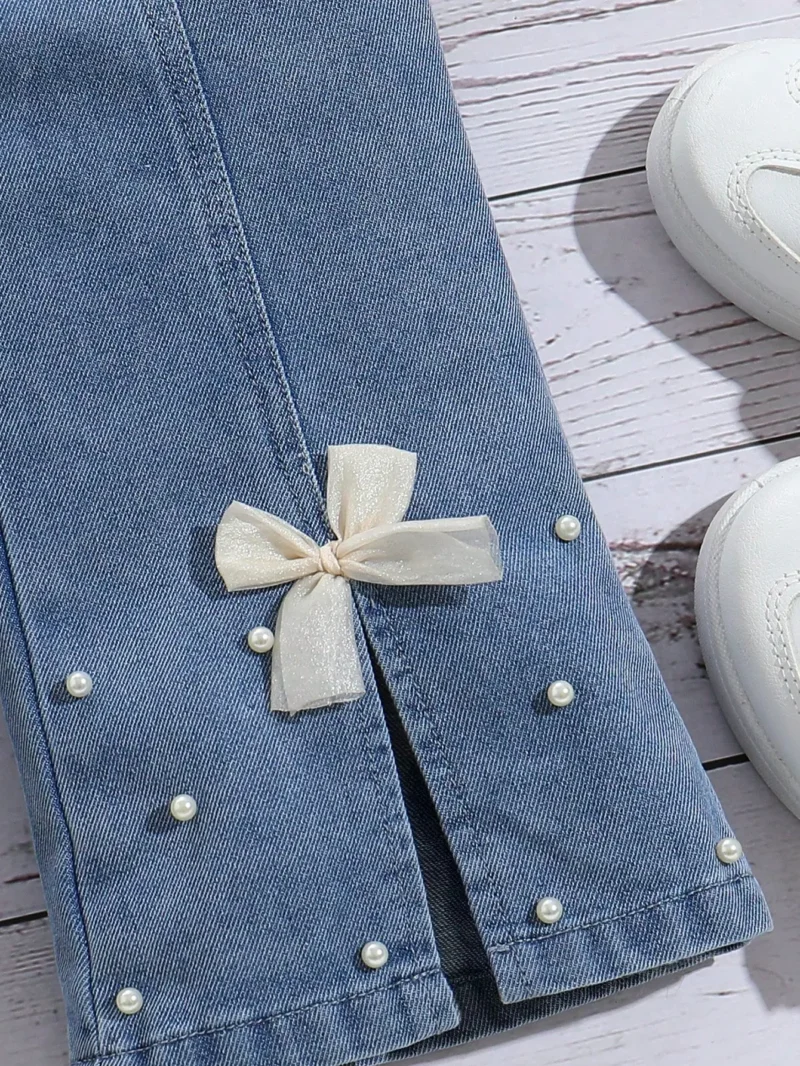 YFaux Pearl & Bow Decor Slit Hem Cropped Flared Pants