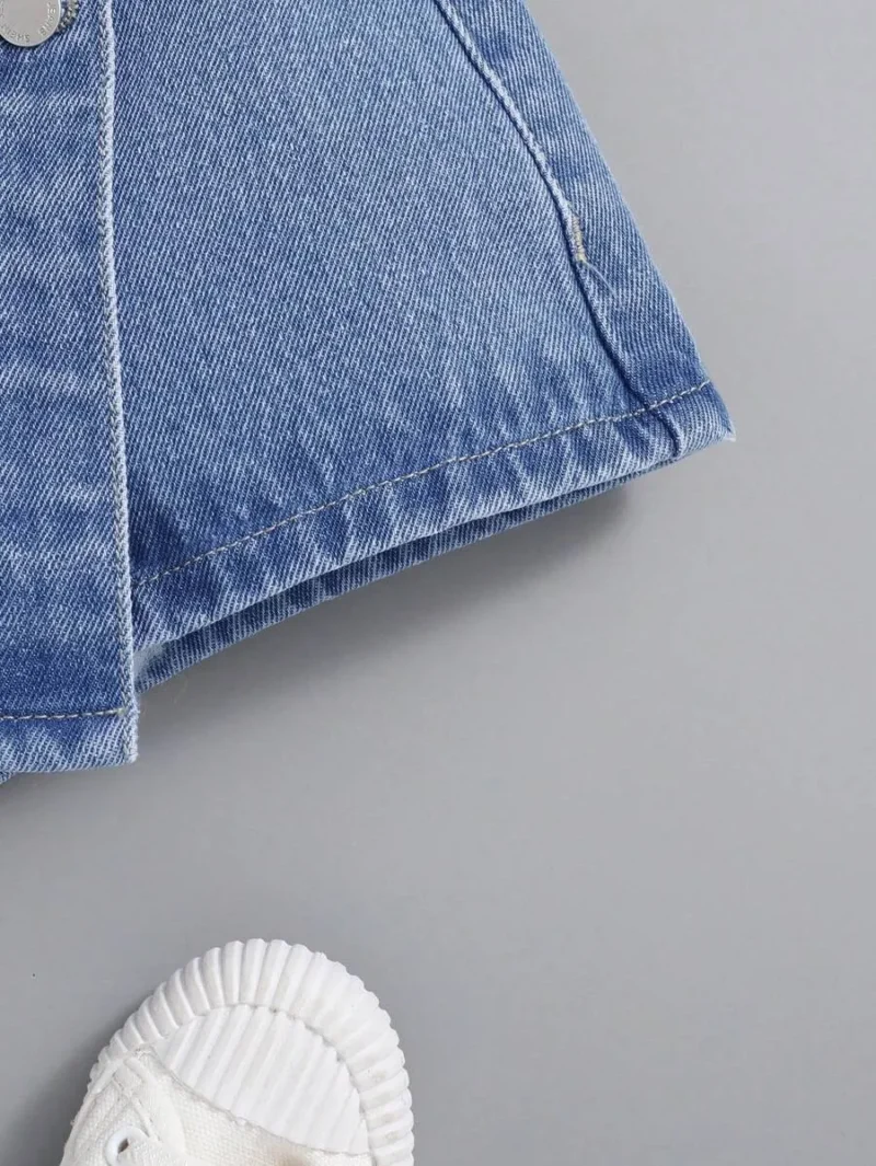 Front Button Wrap Cross Asymmetric Hem Solid Color Denim Shorts