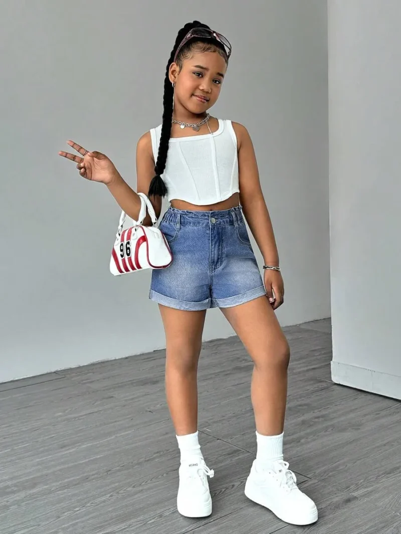 Light Blue Casual Straight Leg Roll Up Hem Denim Shorts