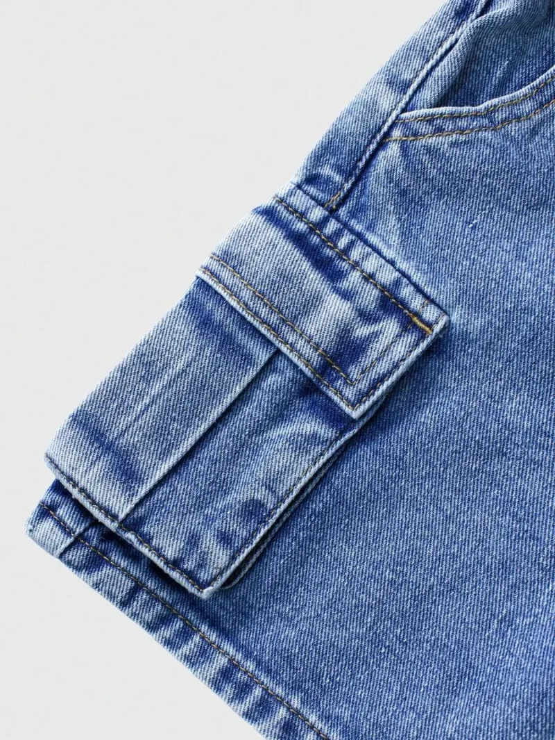 Multi Pocket Straight Loose Leg Cargo Denim Shorts