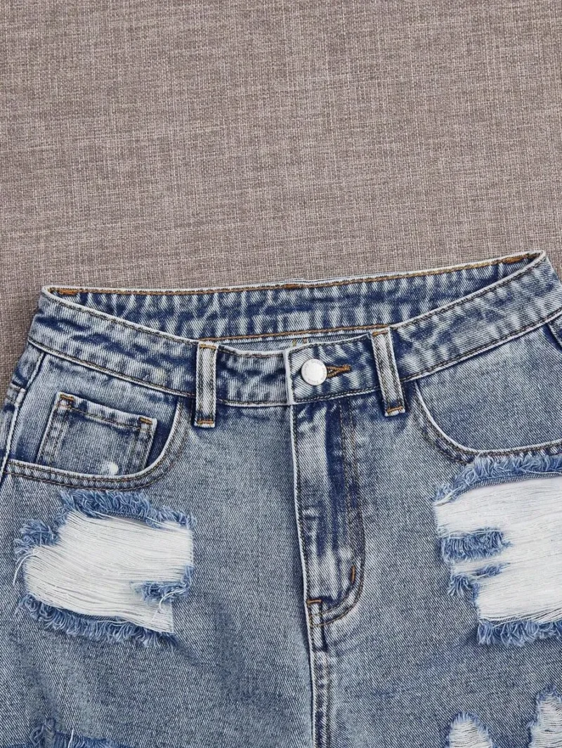 Ripped Raw Hem Denim Shorts