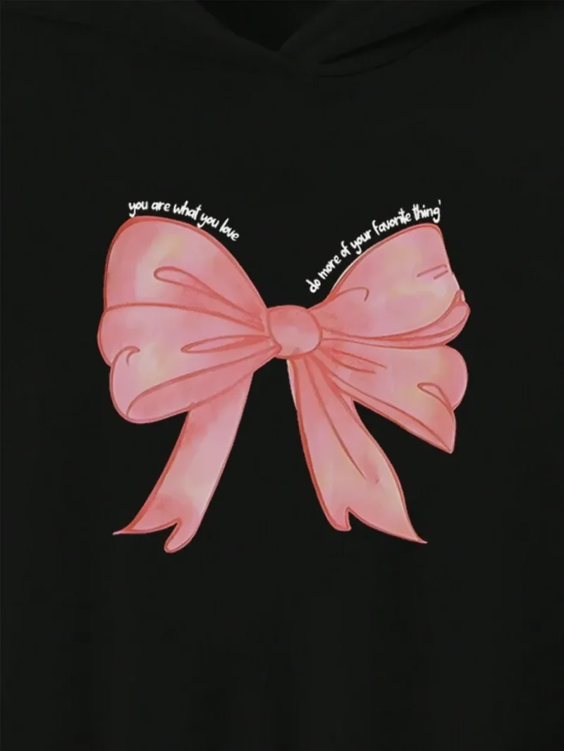 Hoodie Sweatshirt Top With Bow Print And Drawstring Waist Pants