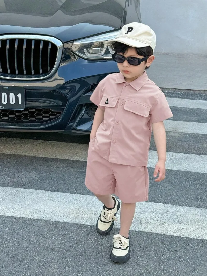 Polo Shirt And Plain Woven Shorts Set