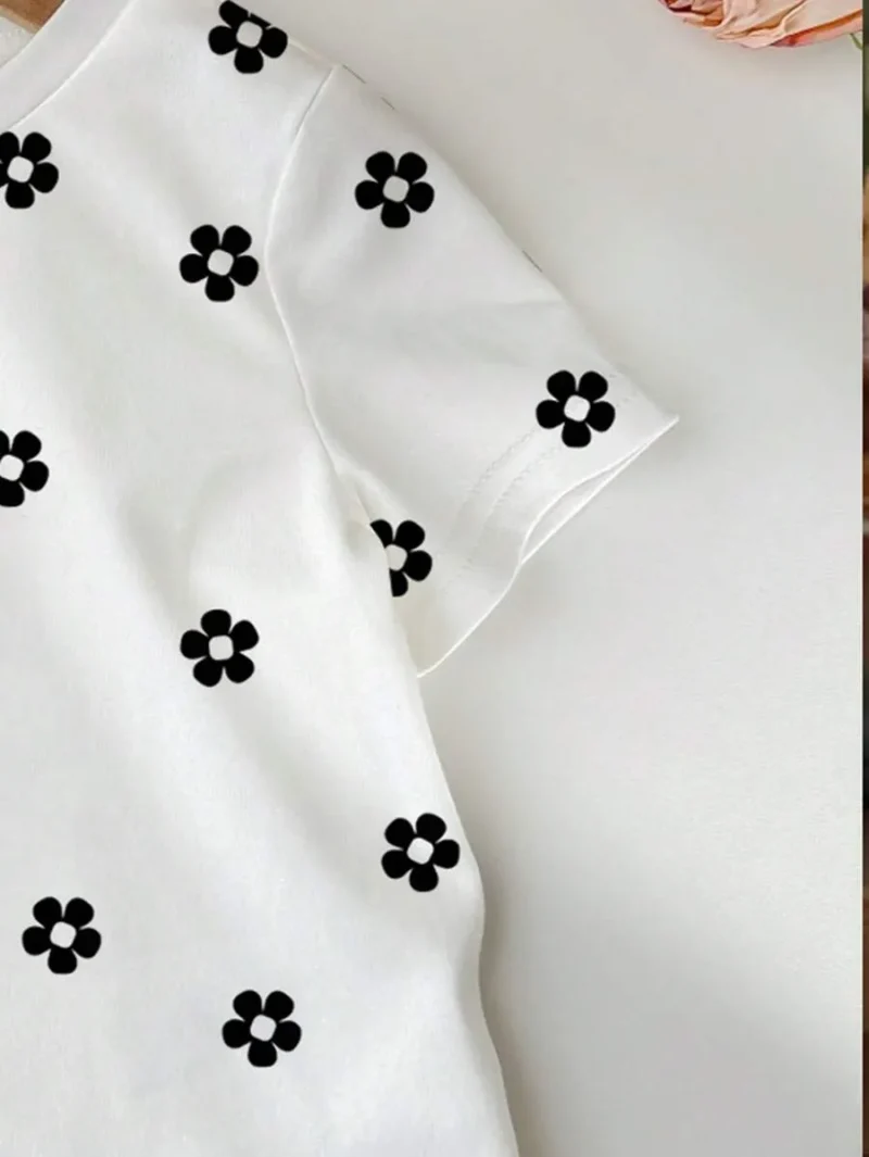 Casual Polka Dot & Flower Print Short Sleeve Crew Neck Top