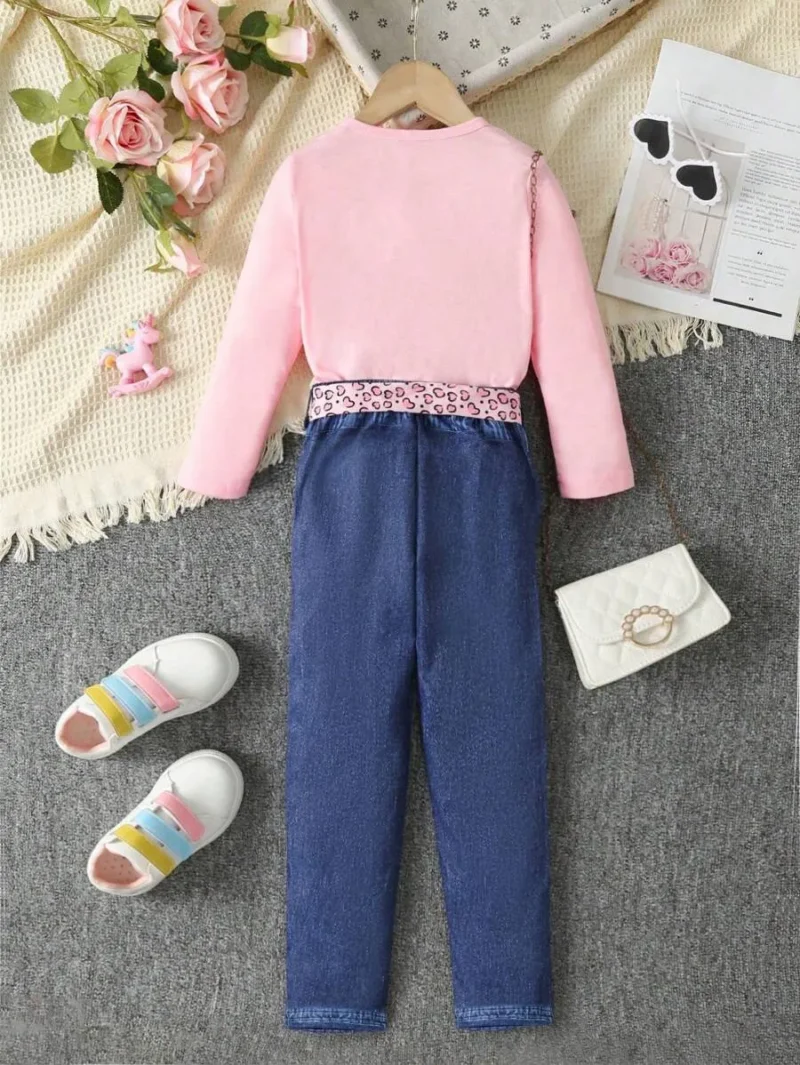 Figure Graphic Tee & Denim Effect Print Belted Pants