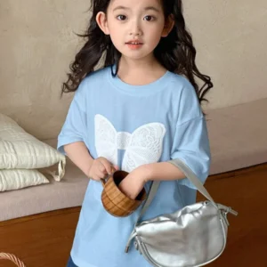 Small Round Neck Knit Short Sleeve Butterfly Print T Shirt