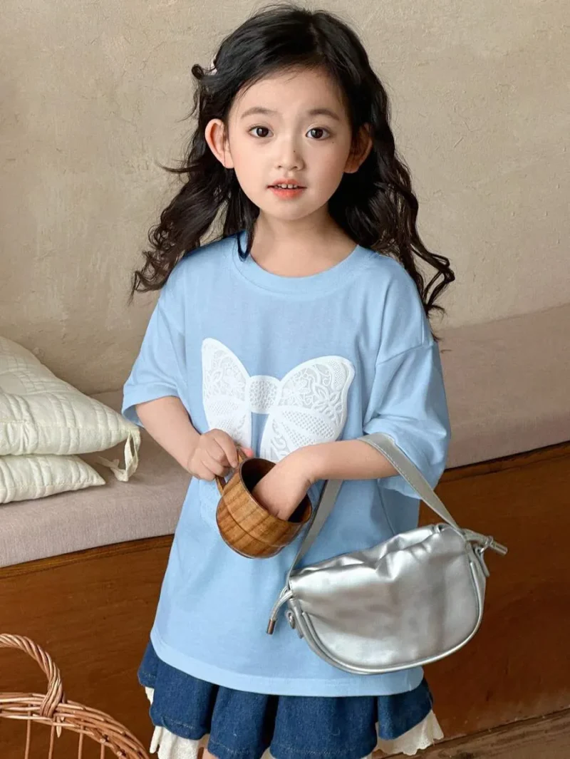 Small Round Neck Knit Short Sleeve Butterfly Print T Shirt