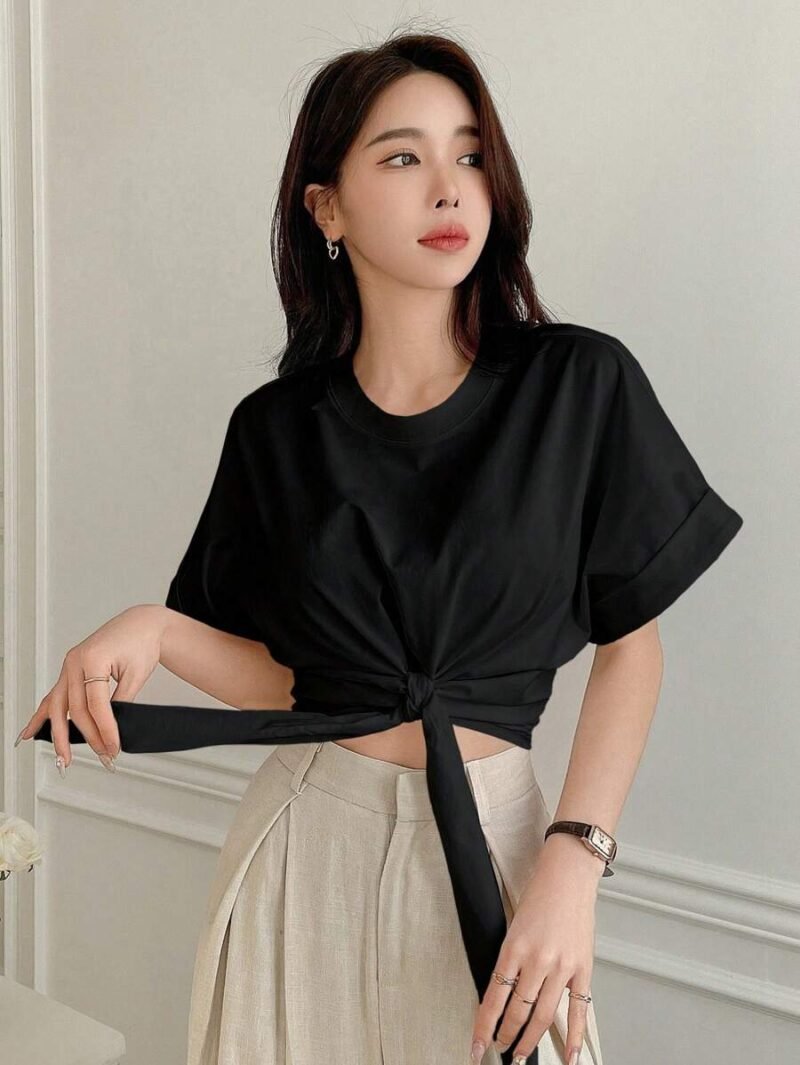 Solid Color Round Neck Batwing Short Sleeve