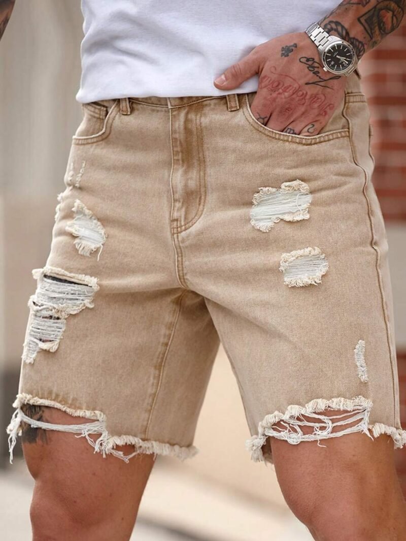 Slim Fit Straight Leg Khaki Denim Shorts