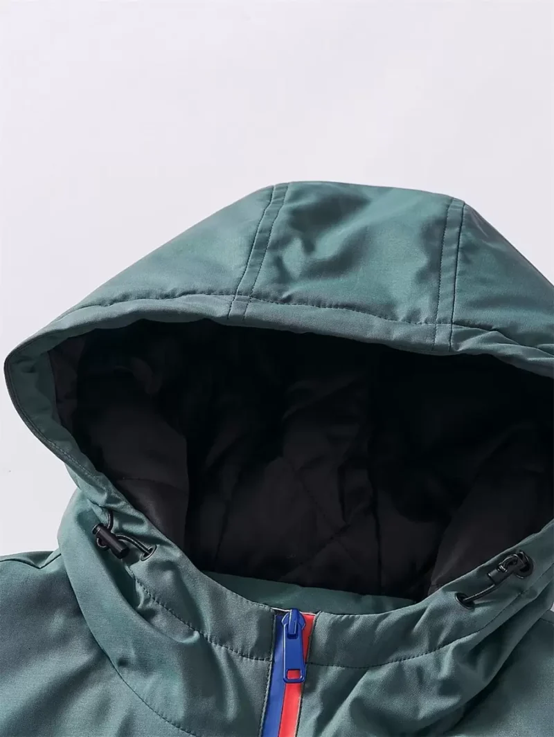 Color Block Letter Embroidery Half Zipper Hooded Jacket