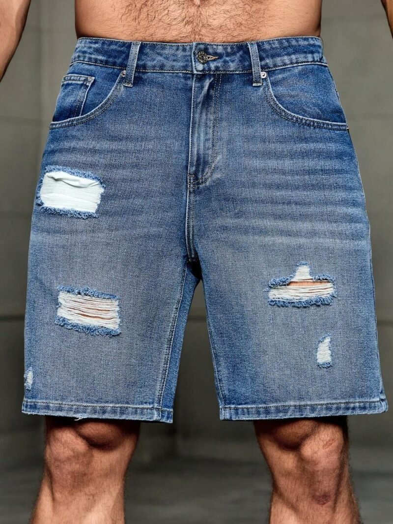 Washed Ripped Plain Light Blue Denim Shorts