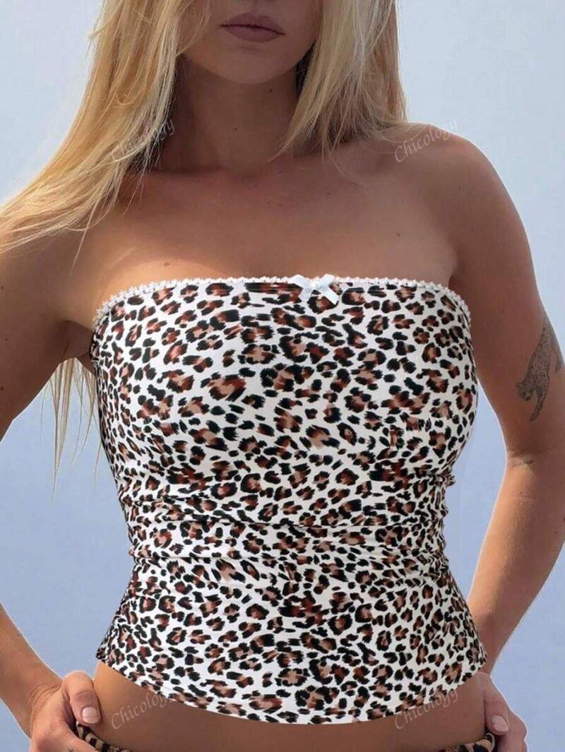 Lace Patchwork Bow Leopard Tube Crop Tanks