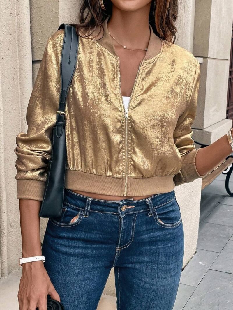 Gold Zipper Ribbed Cuffs Baseball Jacket
