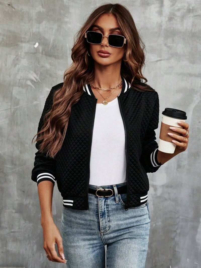 Striped Trim Zip Up Bomber Jacket