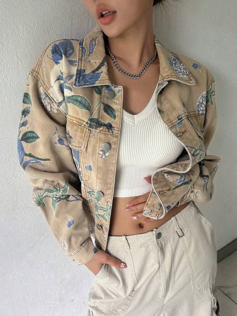 Floral Print Drop Shoulder Denim Jacket