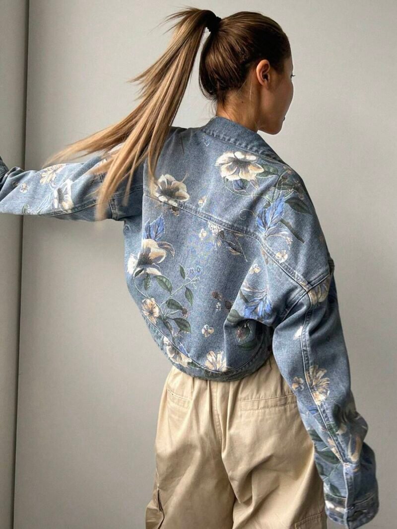 Floral Printed Open Front Denim Jacket