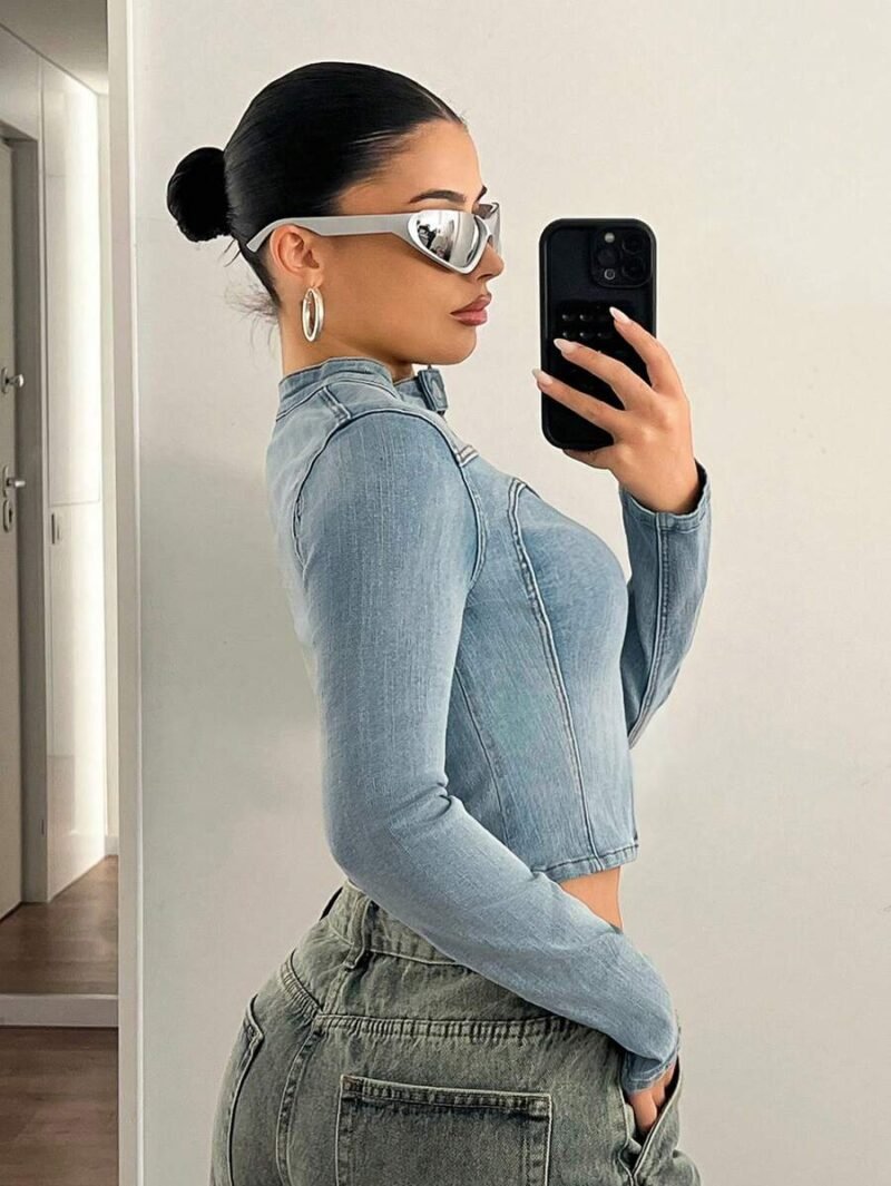 Front Zipper Long Sleeve Simple Denim