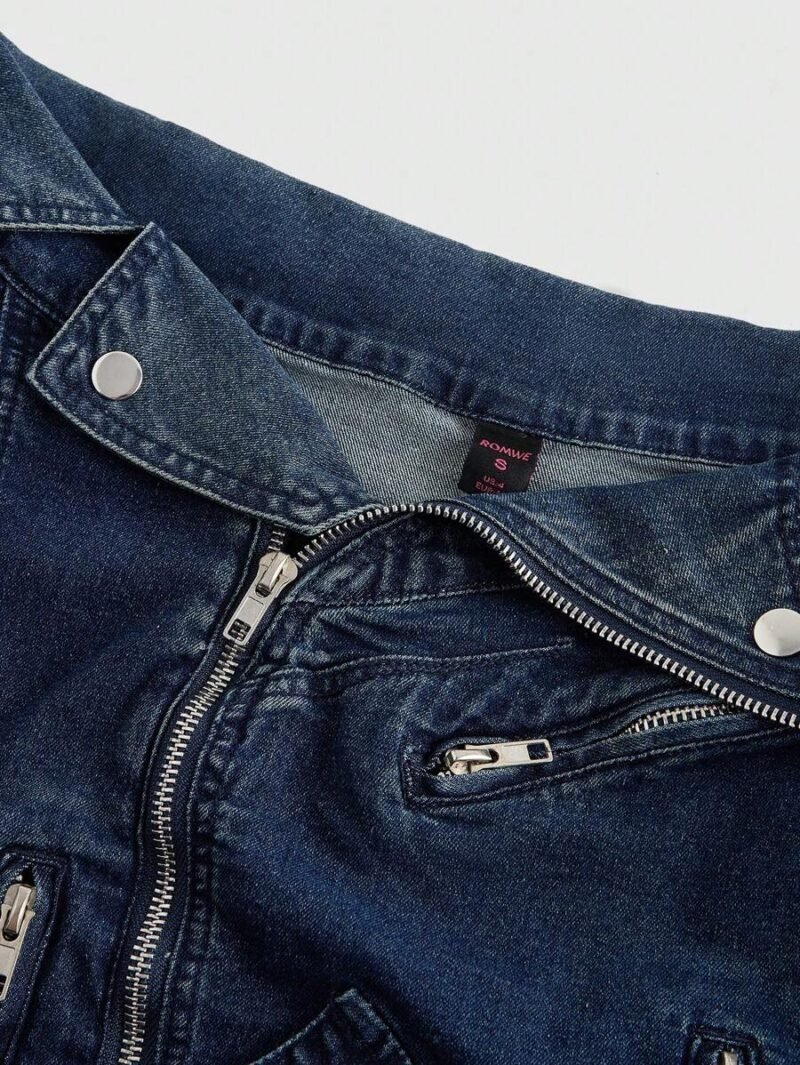 Off Shoulder Form Fitting Cropped Denim Moto Jacket