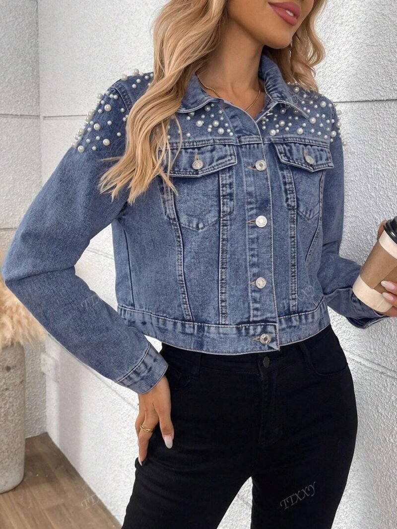 Short Denim Jacket With Rivet & Pearl Decoration