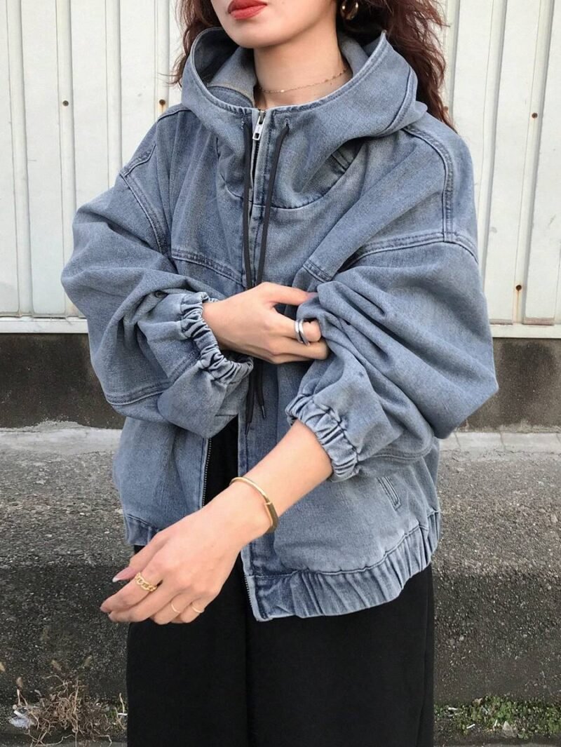 Zip Up Long Sleeve Pocket Casual Hoodie Denim Jacket