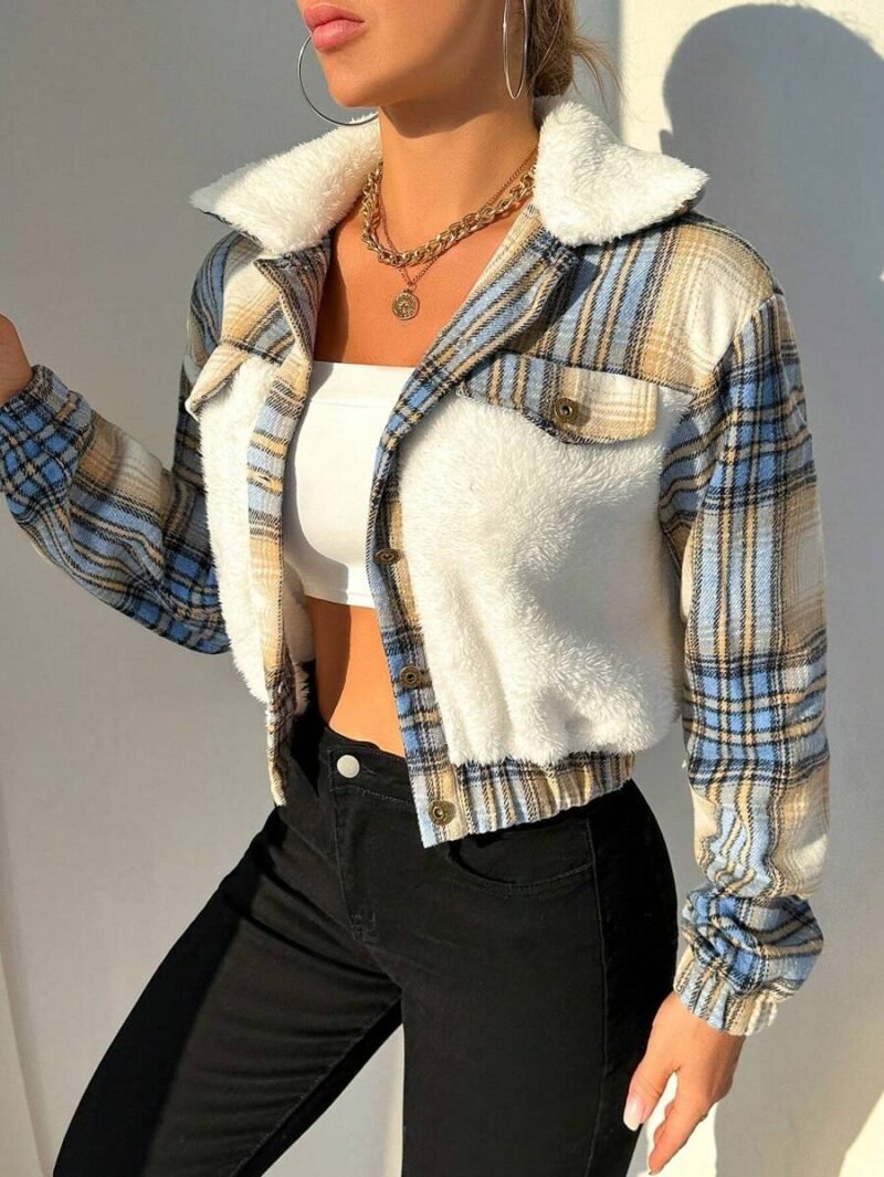 Plaid Print Borg Collar Teddy Jacket
