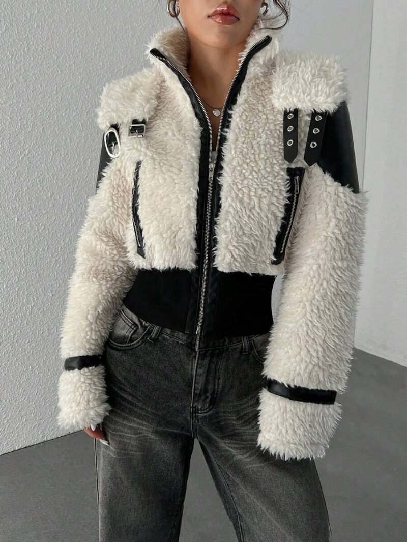 PU Leather Front Fleece Patchwork