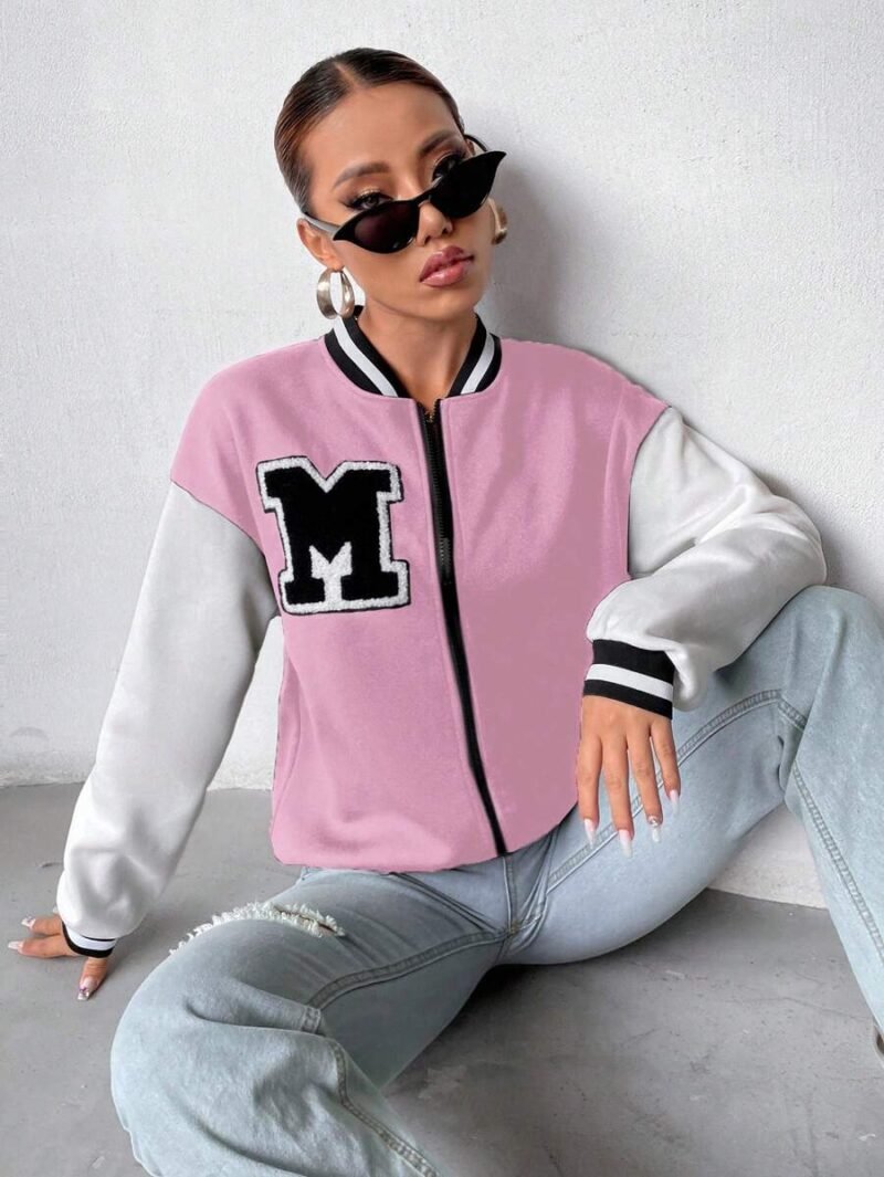 Casual College Style Color Block Letter Patchwork Baseball Jacket